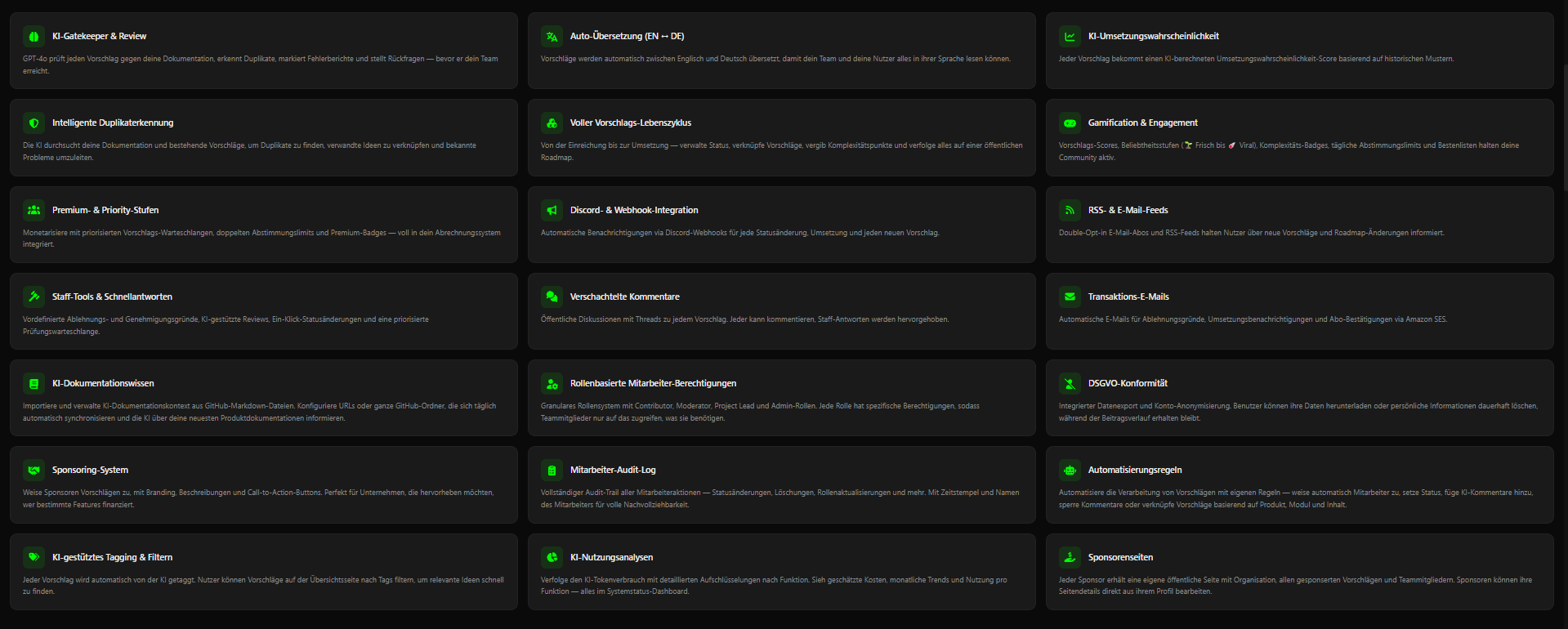Screenshot mit einer Liste aller KI-Funktionen von Featureboard